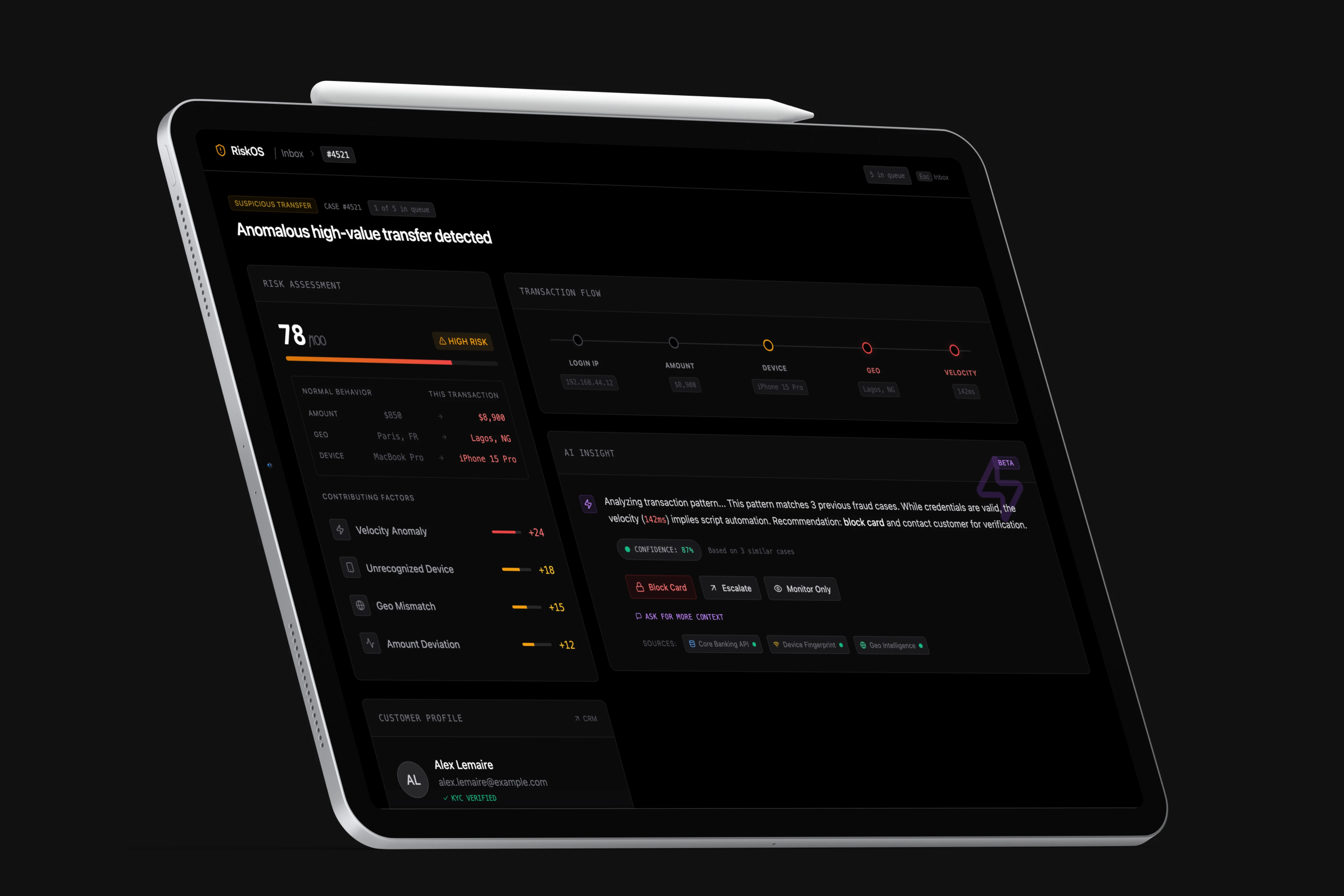 RiskOS — fraud detection dashboard overview
