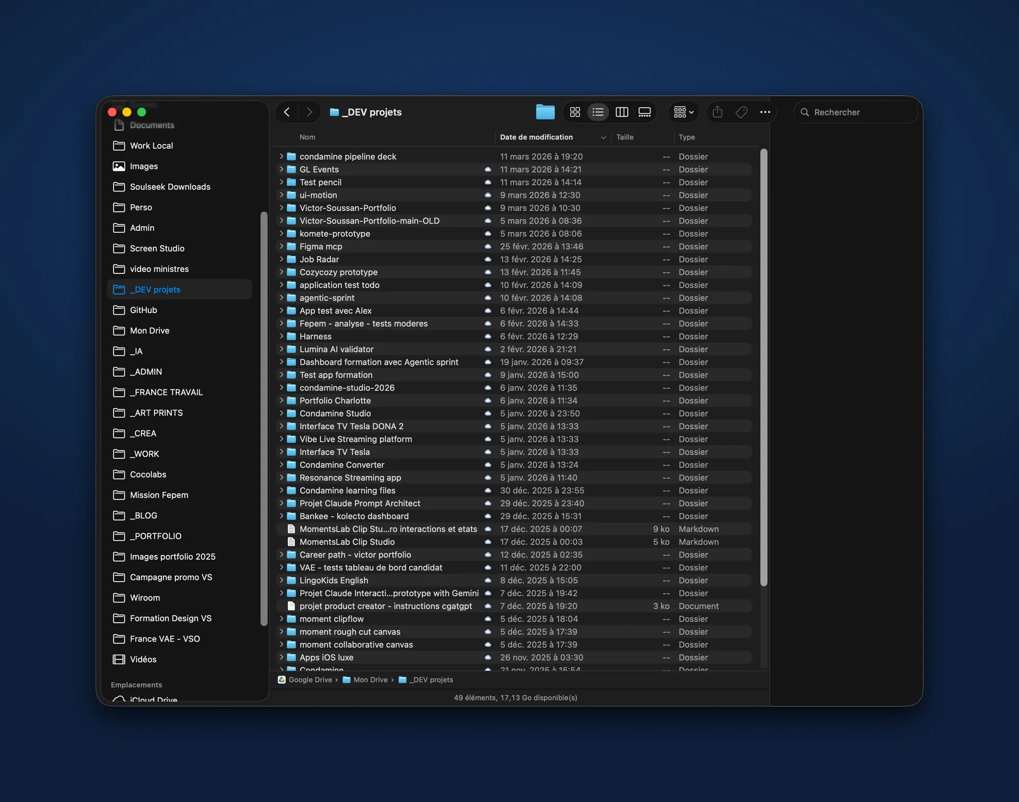 Organisation des dossiers dev_projects dans le Finder